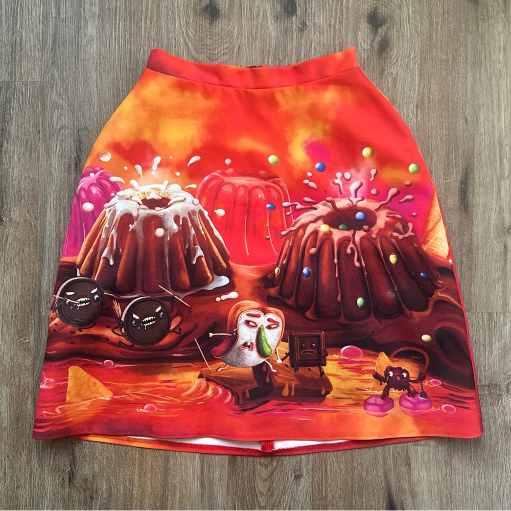 Unique Candyland Print Skirt by BE TRASH euro Cake Characters Orange